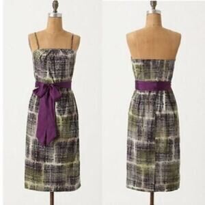 Edme & Esyllte | Anthropologie Wythes Purple & Green Sash Strapless Sheath Dress